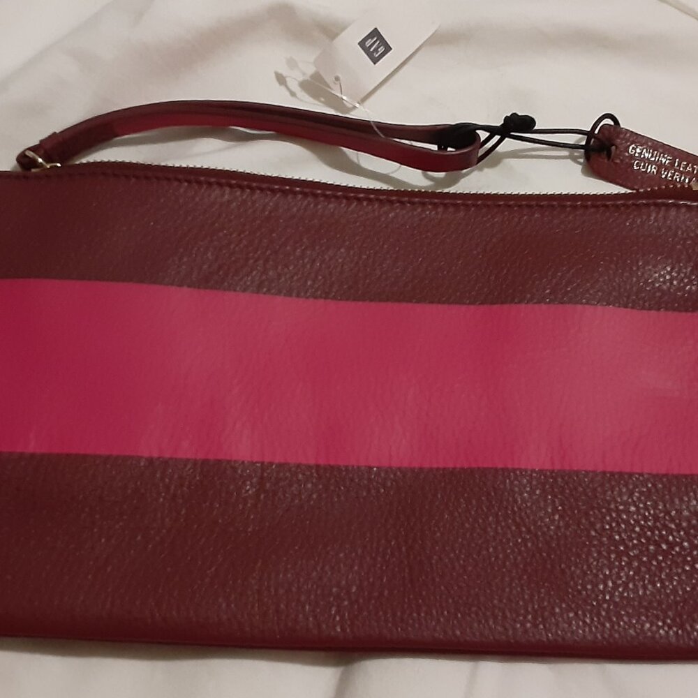 NWT GAP Soft Leather Pink Striped Clutch/Wristlet With Handle-Strap